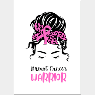 Pink Illustration Woman Messy Bun Breast Cancer Warrior Posters and Art